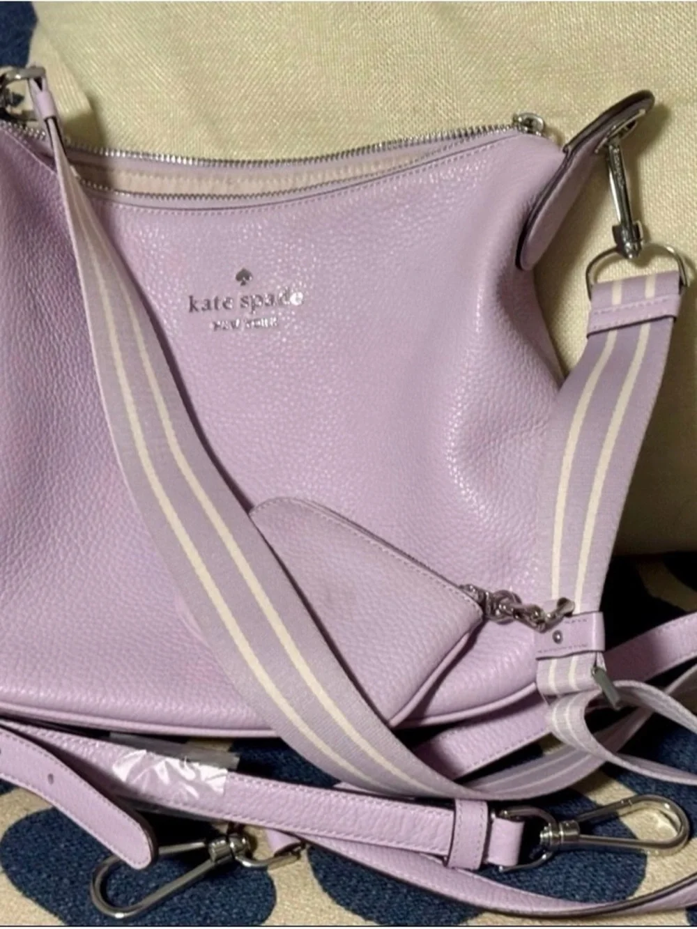kate spade Lilac Pebbled Leather Shoulder Bag with Striped Strap